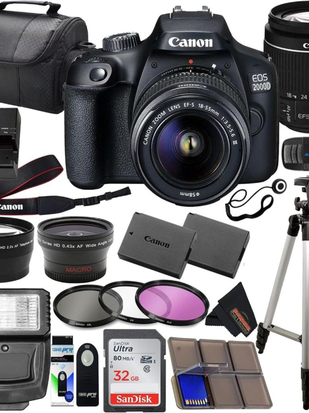 Canon EOS 2000D (Rebel T7) DSLR with 18-55mm Lens 3 Lens Kit and Sunshine Photo